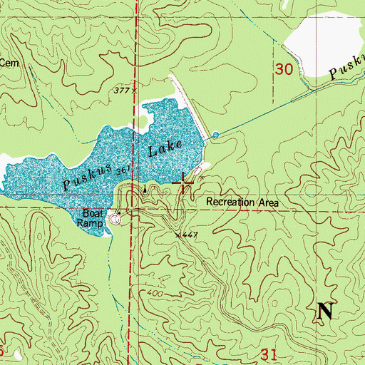Topographic Map of Puskus Lake Recreation Area, MS