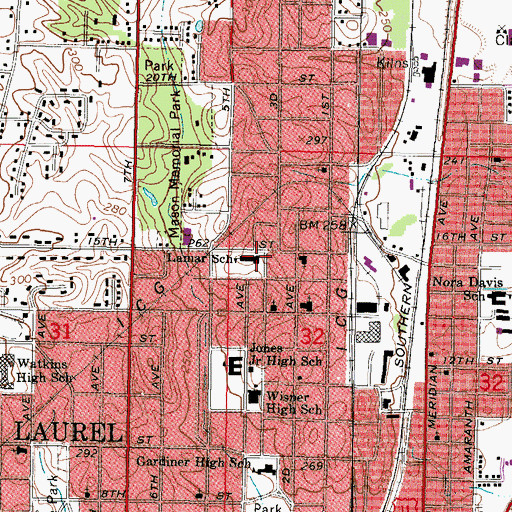 Topographic Map of Lamar Elementary School, MS