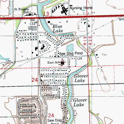 Topographic Map of East Elementary School, MS