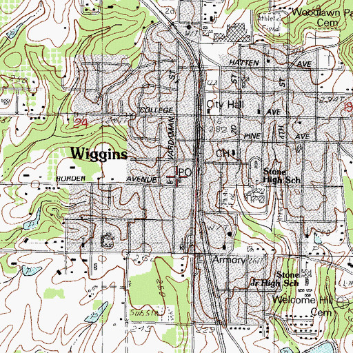 Topographic Map of Wiggins Post Office, MS