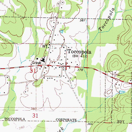 Topographic Map of Toccopola Post Office, MS