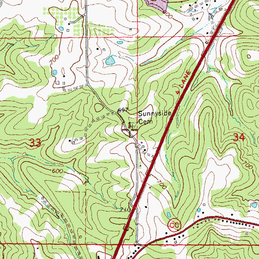 Topographic Map of Sunnyside Cemetery, MO