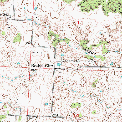 Topographic Map of Adams Memorial Cemetery, MO