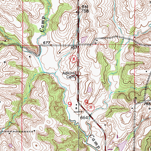 Topographic Map of Adkins Cemetery, MO
