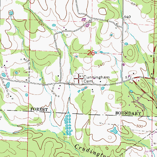Topographic Map of Cunningham Cemetery, AR