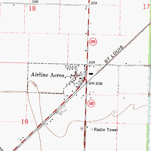 Topographic Map of Airline Acres, MO
