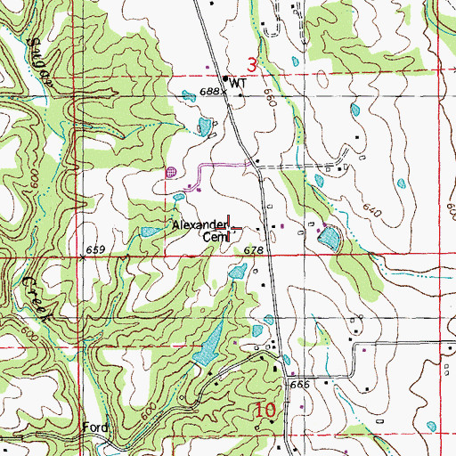 Topographic Map of Alexander Cemetery, MO