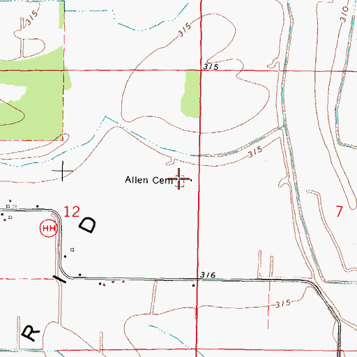 Topographic Map of Allen Cemetery, MO