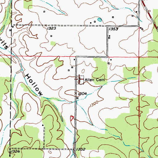 Topographic Map of Allen Cemetery, MO