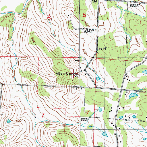 Topographic Map of Allen Cemetery, MO