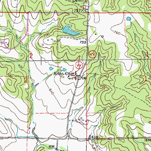 Topographic Map of Allen Cemetery, MO