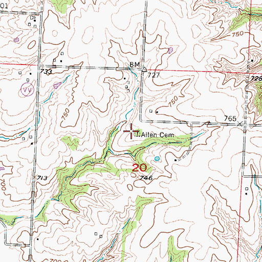 Topographic Map of Allen Cemetery, MO