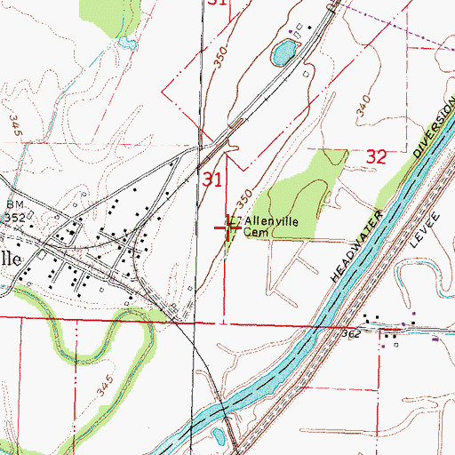 Topographic Map of Allenville Cemetery, MO