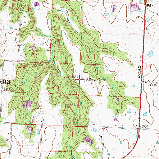 Topographic Map of Alley Cemetery, MO