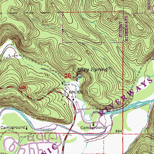 Topographic Map of Alley Spring, MO