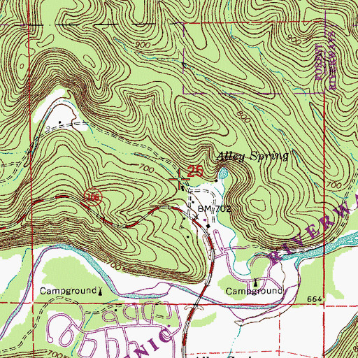 Topographic Map of Alley Spring State Park, MO