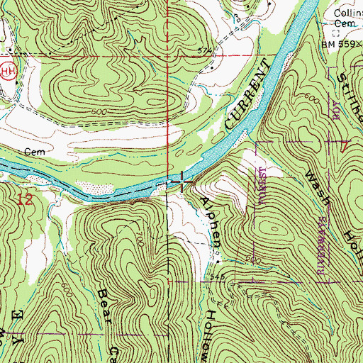 Topographic Map of Alphen Hollow, MO