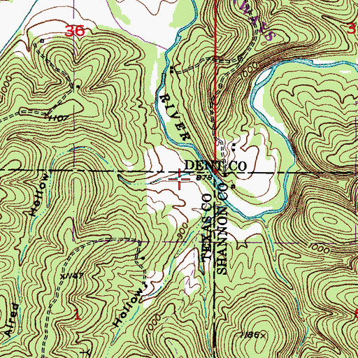 Topographic Map of Alred Hollow, MO