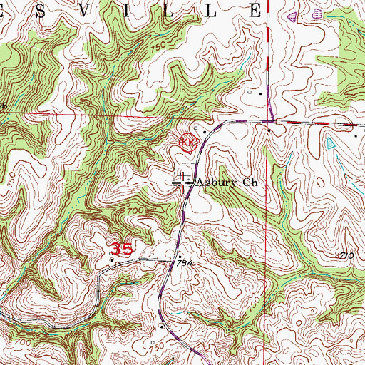 Topographic Map of Asbury Church, MO