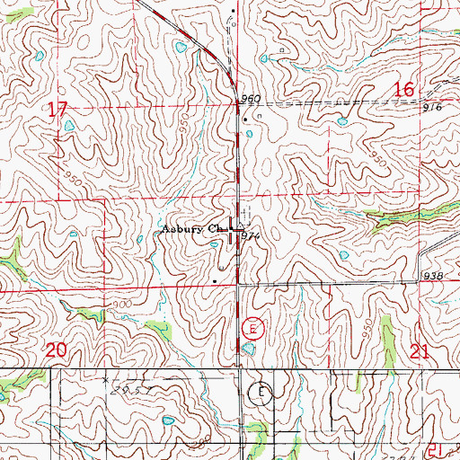 Topographic Map of Asbury Church, MO