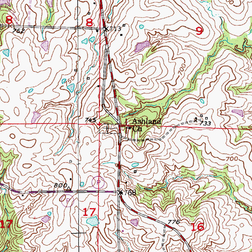 Topographic Map of Ashland Church, MO
