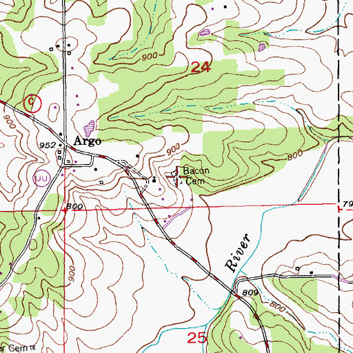 Topographic Map of Bacon Cemetery, MO