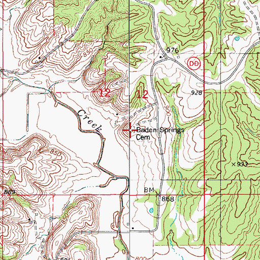 Topographic Map of Baden Springs Cemetery, MO