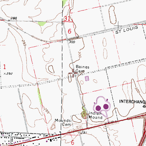 Topographic Map of Baines Cemetery, MO
