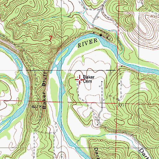 Topographic Map of Baker Cemetery, MO