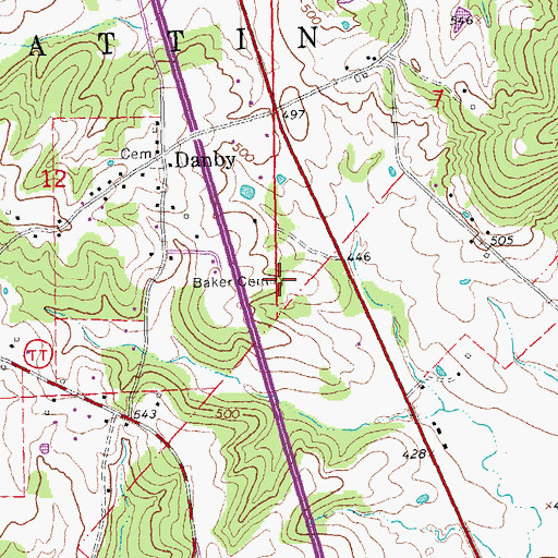 Topographic Map of Baker Cemetery, MO