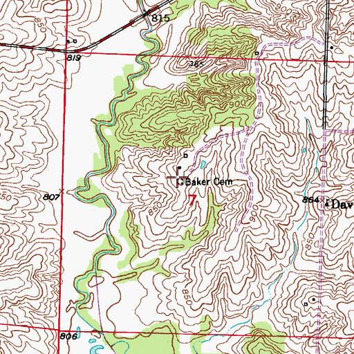 Topographic Map of Baker Cemetery, MO