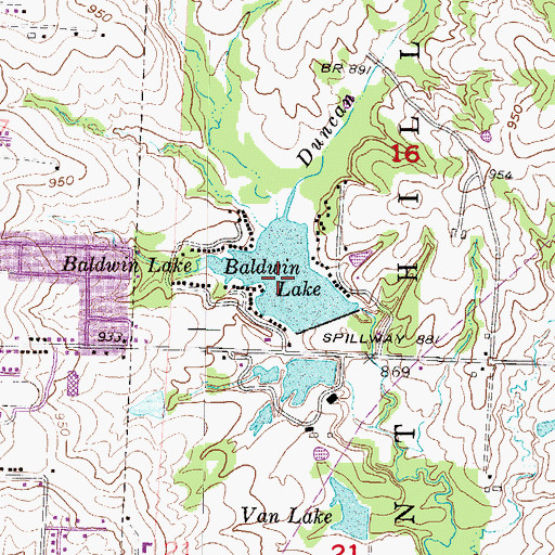 Topographic Map of Baldwin Lake, MO