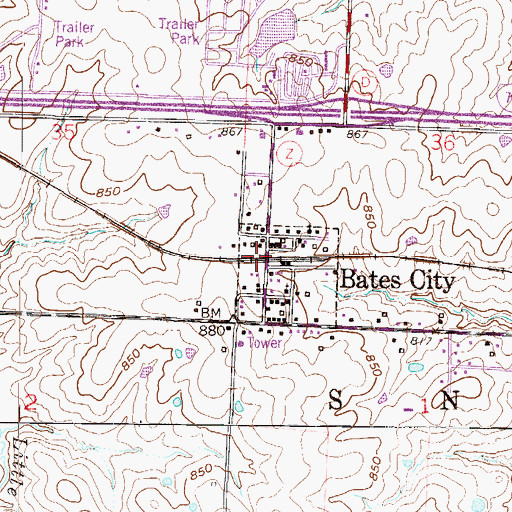 Topographic Map of Bates City, MO