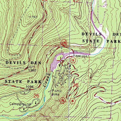 Topographic Map of Devils Den State Park, AR
