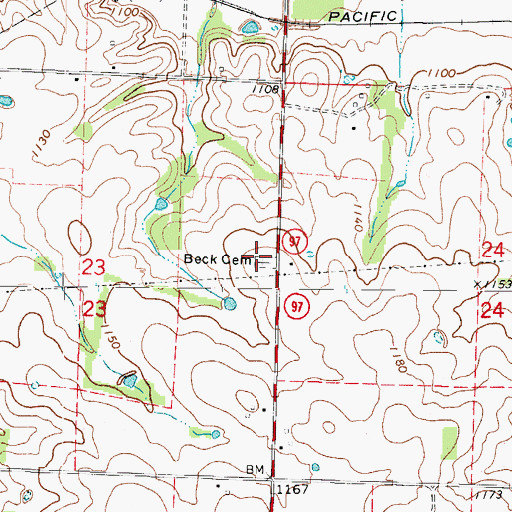 Topographic Map of Beck Cemetery, MO