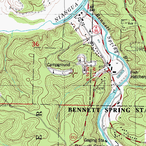 Topographic Map of Bennett Spring State Park, MO