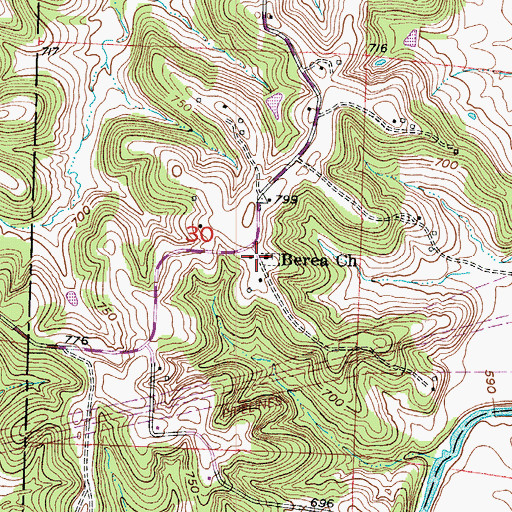 Topographic Map of Berea Church, MO