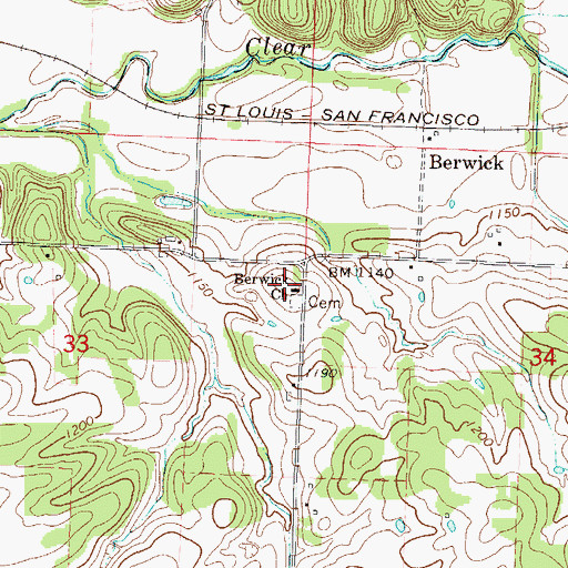 Topographic Map of Berwick Church, MO