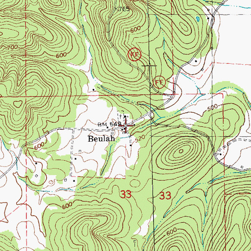 Topographic Map of Beulah, MO