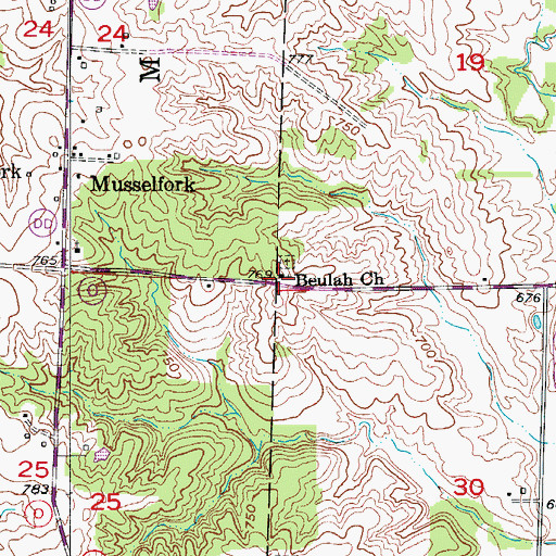 Topographic Map of Beulah Church, MO
