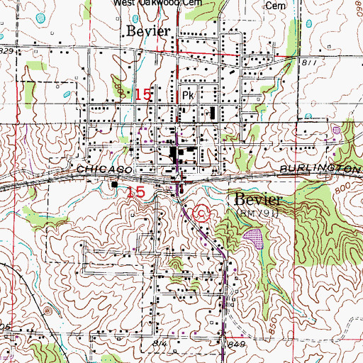 Topographic Map of Bevier, MO