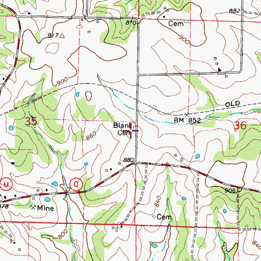 Topographic Map of Blank Cemetery, MO