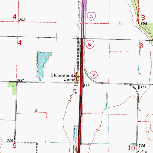 Topographic Map of Bloomfield Cemetery, MO