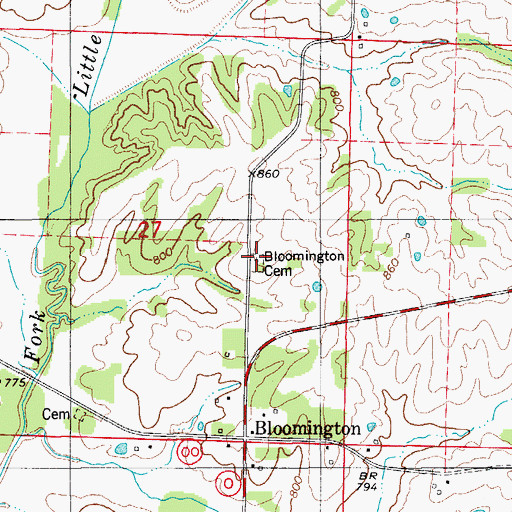 Topographic Map of Bloomington Cemetery, MO