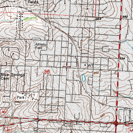 Topographic Map of Blue Springs, MO