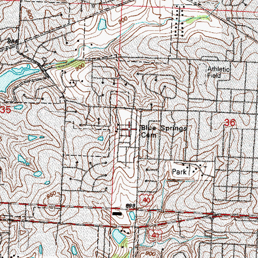 Topographic Map of Blue Springs Cemetery, MO