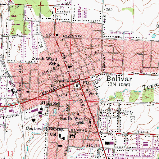 Topographic Map of Bolivar, MO