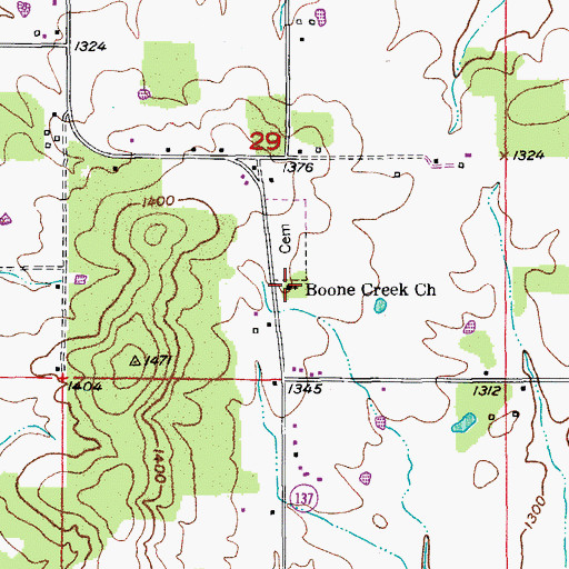 Topographic Map of Boone Creek Church, MO