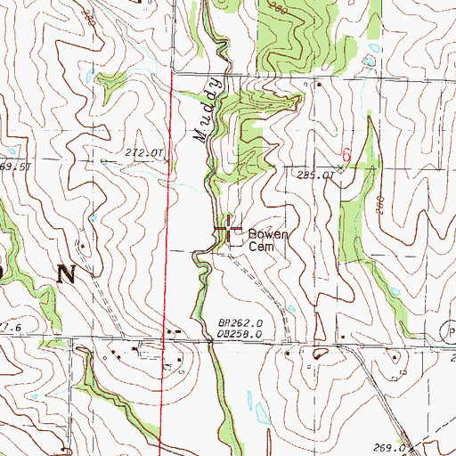 Topographic Map of Bowen Cemetery, MO