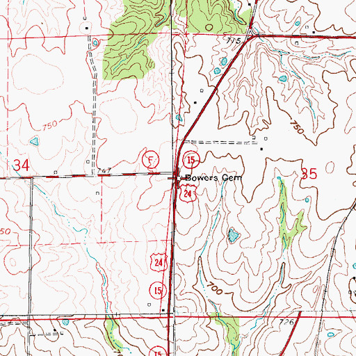 Topographic Map of Bowers Cemetery, MO